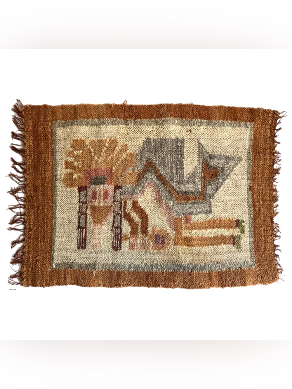 Vtg Peruvian Tribal Ceremonial Figure Wool Tapestry Wall Hanging Folk Art 23”